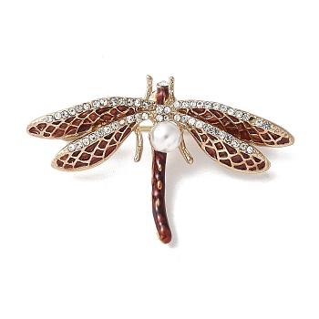 Dragonfly Enamel Pins, Alloy Rhinestone Brooches for Backpack Clothes, with Plastic Pearl, Dark Red, 31.5x50mm