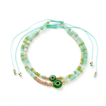 Adjustable Nylon Cord Braided Bead Bracelets Sets, with Evil Eye Lampwork Beads, FGB Glass Seed Beads, Frosted Glass Beads and Textured Brass Beads, Lawn Green, Inner Diameter: 2~4 inch(5.2~10.2cm), 2pcs/Set