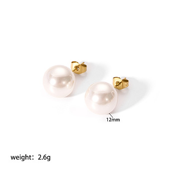 Elegant Titanium Steel Imitation Pearl Stud Earrings, Round, Real 18K Gold Plated