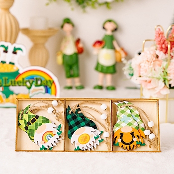 9Pcs 3 Style Saint Patrick's Day Wood Gnome Pendant Decrotations, with Jute Rope Hanging Decrotations, Colorful, 240x90x15mm, pendant: 80x50x2mm