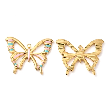 304 Stainless Steel Enamel Pendants, Real 18K Gold Plated, Hollow Butterfly Charm, Pink, 20x25.5x2mm, Hole: 1.5mm