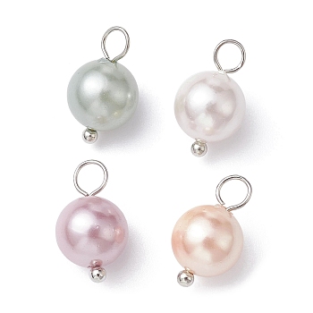 Shell Pearl Dyed Round Charms, with Platinum Plated Brass Loops, Mixed Color, 14x8mm, Hole: 2.8mm