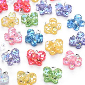 Epoxy Resin Charms, with Sequins/Paillette and Platinum Plated Iron Loop, Butterfly, Mixed Color, 13x14x6.5mm, Hole: 2mm