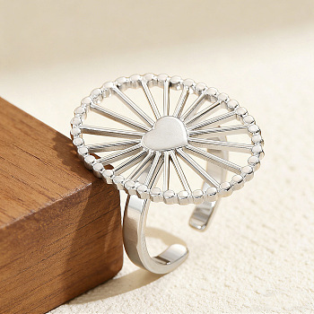304 Stainless Steel Cuff Open Rings, Wheel-shaped Heart, Stainless Steel Color, US Size 7 1/4(17.5mm)