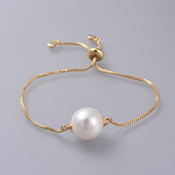 Adjustable Brass Slider Bracelets, Bolo Bracelets, with Plastic Imitation Pearl Beads, Cubic Zirconia and Box Chain, Golden, 9-1/4 inch(23.6cm)