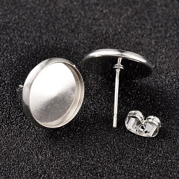Flat Round Brass Stud Earring Cabochon Settings, Silver Color Plated, Tray: 12mm, 14x14mm, Pin: 0.7mm