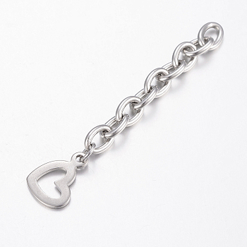201 Stainless Steel Chain Extender, with Heart Charms, Stainless Steel Color, 64x6mm