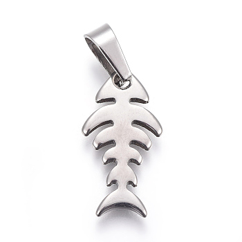 304 Stainless Steel Pendants, Fish Bone, Stainless Steel Color, 21.5x11.5x1.5mm, Hole: 4x8mm