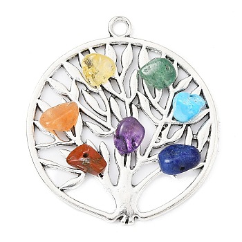 7 Chakra Mixed Gemstone Chip Pendants, Tibetan Style Zinc Alloy Tree of Life Charms, Antique Silver, Mixed Dyed and Undyed, Flat Round, 42.5x38x5.5mm, Hole: 3mm