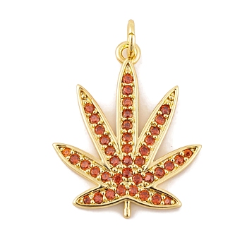 Rack Plating Brass Micro Pave Cubic Zirconia Pendants, with Jump Rings, Long-Lasting Plated, Lead Free & Cadmium Free, Real 18K Gold Plated, Leaf, Orange, 25x20x2mm, Hole: 3mm