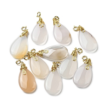 Natural White Agate Teardrop Pendant Decorations, Drop Ornaments with Brass Spring Ring Clasps, Real 14K Gold Plated, 42mm, Hole: 3mm