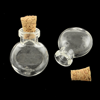 Flat Round Glass Bottle for Bead Containers, with Cork Stopper, Wishing Bottle, Clear, 25x20x13mm, Hole: 6mm, Bottleneck: 9mm in diameter, Capacity: 1.2ml(0.04 fl. oz)