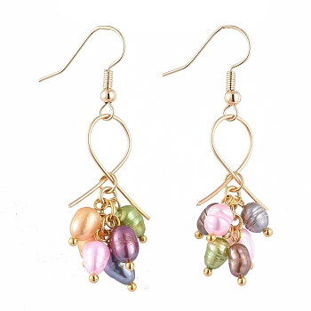 Natural Cultured Freshwater Pearl Dangle Earrings, with Golden Plated Brass Earring Hooks, Copper Wire and Cardboard Boxes, Colorful, 50mm, Pin: 0.8mm