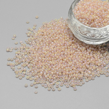 12/0 Grade A Round Glass Seed Beads, Transparent Frosted Style, AB Color Plated, Misty Rose, 2x1.5mm, Hole: 0.8mm, about 30000pcs/bag