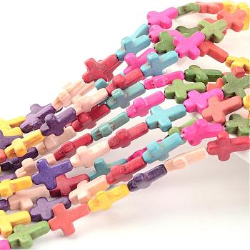 Synthetic Magnesite Beads Strands, Cross, Dyed, Mixed Color, Size: about 12mm wide, 16mm long, 4mm thick, hole: 1mm, about 23~25pcs/strand, about 15 inch