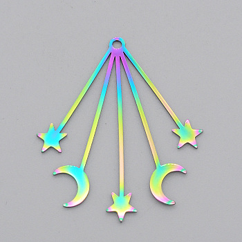 Ion Plating(IP) 201 Stainless Steel Pendants, Laser Cut, Moon with Star, Rainbow Color, 41x34.5x1mm, Hole: 1.8mm