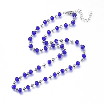 304 Stainless Steel Beaded Necklace, with Glass Beads and Lobster Claw Clasps, Blue, 18.90''(48cm)