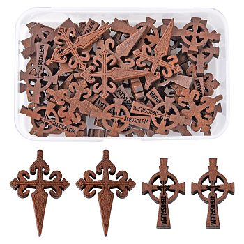 40Pcs 2 Style Wooden Pendants, Religion, Dyed, Cross with Word Jerusalem & Cross, Coconut Brown, 34~43.5x21~29x4.5mm, Hole: 1.5mm, 20pcs/style
