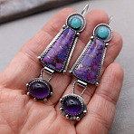 Alloy Enamel Dangle Earrings, with Glass, Antique Silver, Trapezoid, 75mm(FS-WG6E131-06)