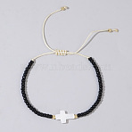 Glass Seed Beads & Brass Braided Beaded Bracelets, White Shell Cross Adjustable Bracelets, Black, 11 inch(28cm)(TV0952-11)