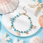 Summer Beach Synthetic Turquoise Chip Starfish & Natural Shell & Alloy Enamel Charm Anklets, Golden, 8-3/4 inch(22.1cm)(X1-AJEW-TA00037)