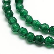 Natural White Jade Bead Strands, Dyed, Faceted, Round, Dark Green, 4mm, Hole: 1mm, about 88~89pcs/strand, 14.37~14.57 inch(36.5~37cm)(G-R344-4mm-07)