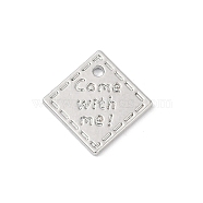 Rack Plating Alloy Pendants, Square with Word Come with me, Lead Free & Nickel Free & Cadmium Free, Platinum, 14.5x14.5x1.5mm, Hole: 1.2mm(PALLOY-S038-04B-P)