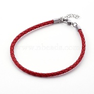 Braided Leather Cord Bracelet Making, with 304 Stainless Steel Lobster Claw Clasps and Extension Chain, Stainless Steel Color, FireBrick, 8-1/2 inch(21.5cm), 3mm(MAK-L018-05B)