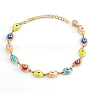Golden Stainless Steel Enamel Horse Eye Link Chain Bracelets, Colorful, 6-3/4 inch(17cm)(JM1854-2)