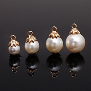 Resin Imiration Pearl Charms, with Alloy Finding, Round, Floral White, 7.5x10mm, Hole: 1.2mm(RESI-TAC0002-35B)