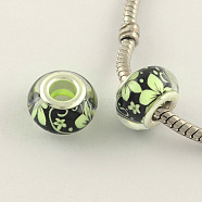 Large Hole Flower Pattern Resin European Beads, with Silver Color Plated Brass Double Cores, Rondelle, Yellow Green, 14x9mm, Hole: 5mm(OPDL-R120-04A)