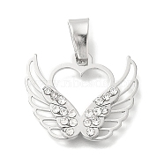 304 Stainless Steel Pendants, with Crystal Rhinestone, Heart with Wing Charm, Stainless Steel Color, 17x21x2.8mm, Hole: 7.5x3.5mm(STAS-Z092-02P)