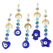 Handmade Evil Eye Lampwork Pendant Decorations, with Octagon Glass Beads and Moon Link, 304 Stainless Steel Lobster Claw Clasps, Star/Heart/Flat Round/Teardrop/Hamsa Hand, Medium Blue, 166~190mm(HJEW-JM01071)