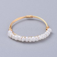 Glass Seed Beaded Rings, with Copper Wire, Golden, White, 19mm, 1~1.5mm(RJEW-JR00269-01)