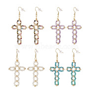 Natural Gemstone Braided Hollow Out Cross Dangle Earrings, Brass Wire Wrap Long Drop Earrings for Women, 75mm, Pin: 0.7mm(EJEW-JE05138)
