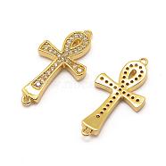 Brass Micro Pave Grade AAA Cubic Zirconia Links, Cadmium Free & Nickel Free & Lead Free, Ankh Cross, Real 18K Gold Plated, 24.5x13x3mm, Hole: 1mm(ZIRC-G100-21G-NR)