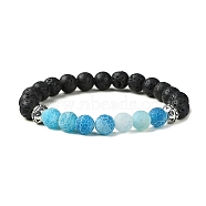 Natural Dyed Crackle Agate & Lava Rock Round Beaded Stretch Bracelet, Blue, Inner Diameter: 2 inch(5.2cm)(BJEW-TA00444-01)
