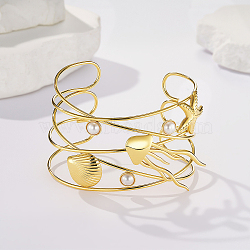 Stainless Steel Cuff Bangles for Women, Starfish & Shell Shape & Jellyfish, with Imitation Pearl, Real 18K Gold Plated, Inner Diameter: 2-1/2 inch(6.3cm)(CC5012-1)
