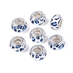 Opaque Resin European Beads, Large Hole Beads, Rondelle & Leopard Pattern, with Silver Color Plated Brass Cores, Cornflower Blue, 13.5~14x8~9mm, Hole: 4.5~5mm(RESI-N044-03S-04)
