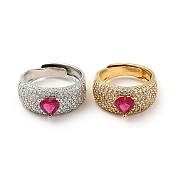 Cerise Cubic Zirconia Heart Adjustable Ring, Brass Jewelry for Women, Mixed Color, US Size 6(16.5mm)(RJEW-I087-07)