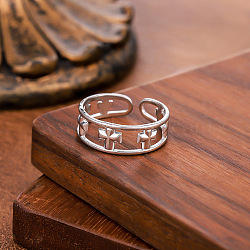 Hollow Out 304 Stainless Steel Cuff Open Rings, Cross, Stainless Steel Color, Inner Diameter: 15~20mm(WG6D974-02)