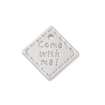 Rack Plating Alloy Pendants, Square with Word Come with me, Lead Free & Nickel Free & Cadmium Free, Platinum, 14.5x14.5x1.5mm, Hole: 1.2mm