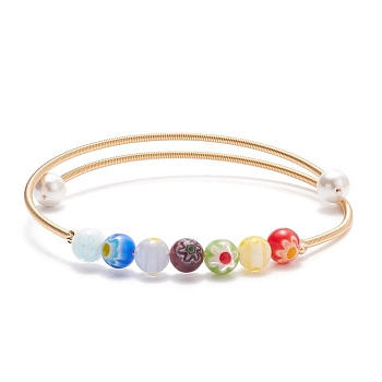 Handmade Millefiori Glass Round Beaded Cuff Bangle with Pearl, Gold Plated Copper Torque Bangle for Women, Colorful, Inner Diameter: 2-1/4 inch(5.8cm)