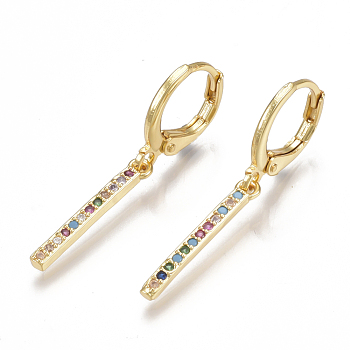 Brass Micro Pave Cubic Zirconia(Random Mixed Color) Dangle Hoop Earrings, Rectangle, Golden, 31mm, Pin: 0.7mm