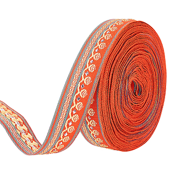 12.5 Yards Polyester Ribbon, Jacquard Ribbon, Tyrolean Ribbon, Floral Pattern, Orange Red, 20x0.5mm
