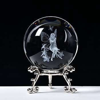 Carving Crystal Ball, Glass Sphere Decoration, with Platinum Tone Alloy Stand, Clear, Fairy, 60mm