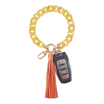 Chain Link Wristlet Keychain, Acrylic Bracelet Tassel Keychain, with Alloy Findings, Orange, 28cm
