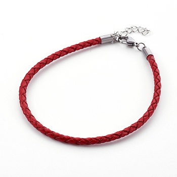 Braided Leather Cord Bracelet Making, with 304 Stainless Steel Lobster Claw Clasps and Extension Chain, Stainless Steel Color, FireBrick, 8-1/2 inch(21.5cm), 3mm