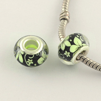 Large Hole Flower Pattern Resin European Beads, with Silver Color Plated Brass Double Cores, Rondelle, Yellow Green, 14x9mm, Hole: 5mm