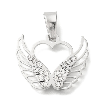 304 Stainless Steel Pendants, with Crystal Rhinestone, Heart with Wing Charm, Stainless Steel Color, 17x21x2.8mm, Hole: 7.5x3.5mm